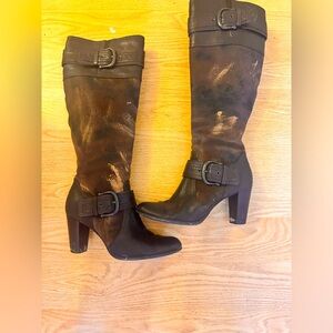 Born Crown Womens Kimber Boots Brown Suede Stacked Heels Buckle Side Zipper 8 M